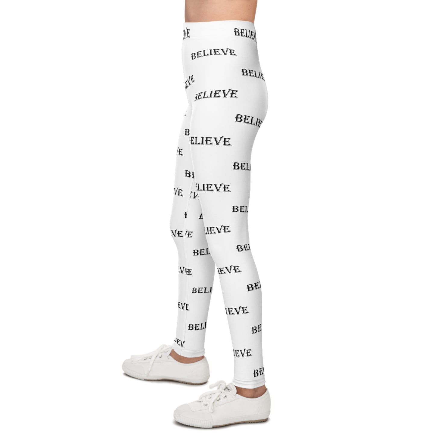 Youth 'BELIEVE' All-Over Print Leggings — Motivational Kids Activewear