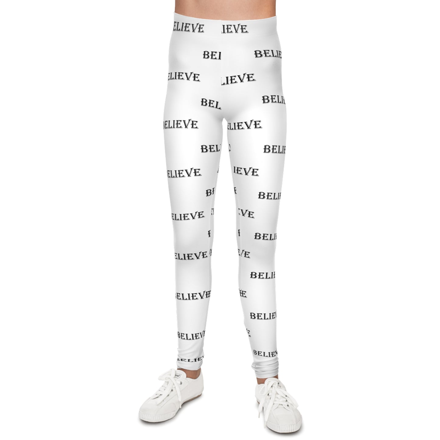 Youth 'BELIEVE' All-Over Print Leggings — Motivational Kids Activewear